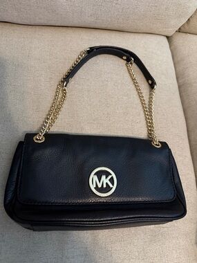 Michael Kors Black Leather Shoulder Bag with Gold Hardware